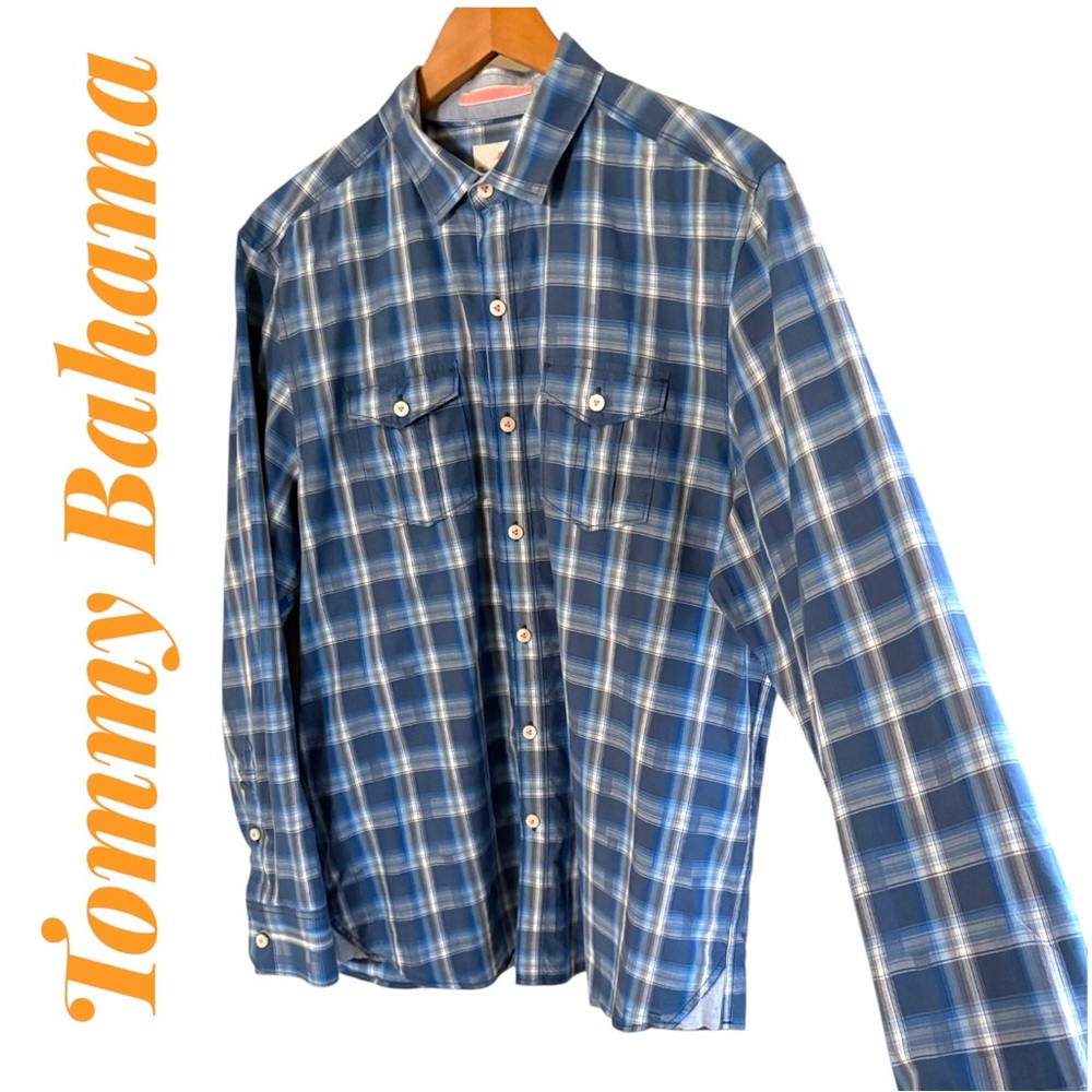 Tommy Bahama Blue Plaid Button-Down Shirt. 100% cotton. Chambray flip cuff. EUC
